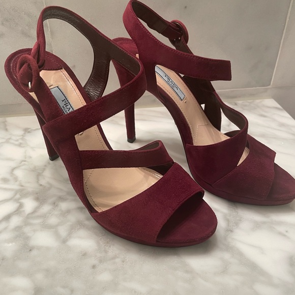 Prada Suede Plum Asymmetrical Triple Strap Platform Sandal - Picture 3 of 8
